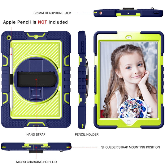 For iPad 10.2 2021 / 2020 / 2019 360 Degree Rotation Contrast Color Shockproof Silicone + PC Case with Holder & Hand Grip Strap & Shoulder Strap (Navy+Yellow Green) by buy2fix