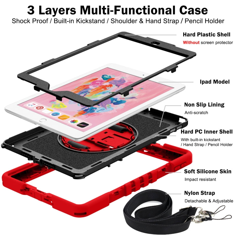 For iPad 10.2 2021 / 2020 / 2019 360 Degree Rotation Contrast Color Shockproof Silicone + PC Case with Holder & Hand Grip Strap & Shoulder Strap (Red+Black) - iPad 10.2 Cases by buy2fix | Online Shopping UK | buy2fix
