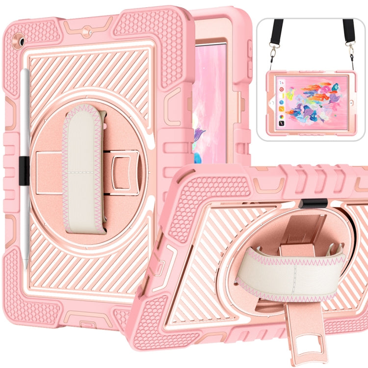 For iPad 10.2 2021 / 2020 / 2019 360 Degree Rotation Contrast Color Shockproof Silicone + PC Case with Holder & Hand Grip Strap & Shoulder Strap(Rose Gold) - iPad 10.2 Cases by buy2fix | Online Shopping UK | buy2fix