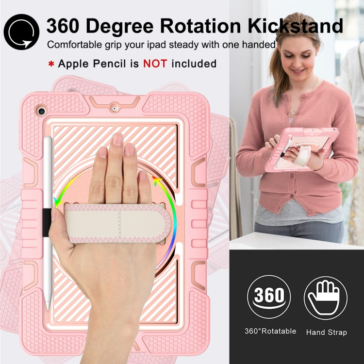For iPad 10.2 2021 / 2020 / 2019 360 Degree Rotation Contrast Color Shockproof Silicone + PC Case with Holder & Hand Grip Strap & Shoulder Strap(Rose Gold) - iPad 10.2 Cases by buy2fix | Online Shopping UK | buy2fix