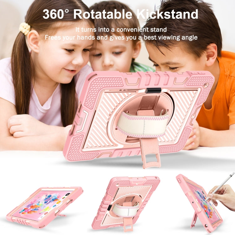 For iPad 10.2 2021 / 2020 / 2019 360 Degree Rotation Contrast Color Shockproof Silicone + PC Case with Holder & Hand Grip Strap & Shoulder Strap(Rose Gold) - iPad 10.2 Cases by buy2fix | Online Shopping UK | buy2fix