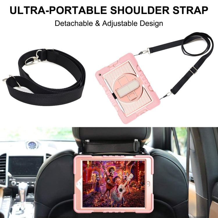 For iPad 10.2 2021 / 2020 / 2019 360 Degree Rotation Contrast Color Shockproof Silicone + PC Case with Holder & Hand Grip Strap & Shoulder Strap(Rose Gold) - iPad 10.2 Cases by buy2fix | Online Shopping UK | buy2fix