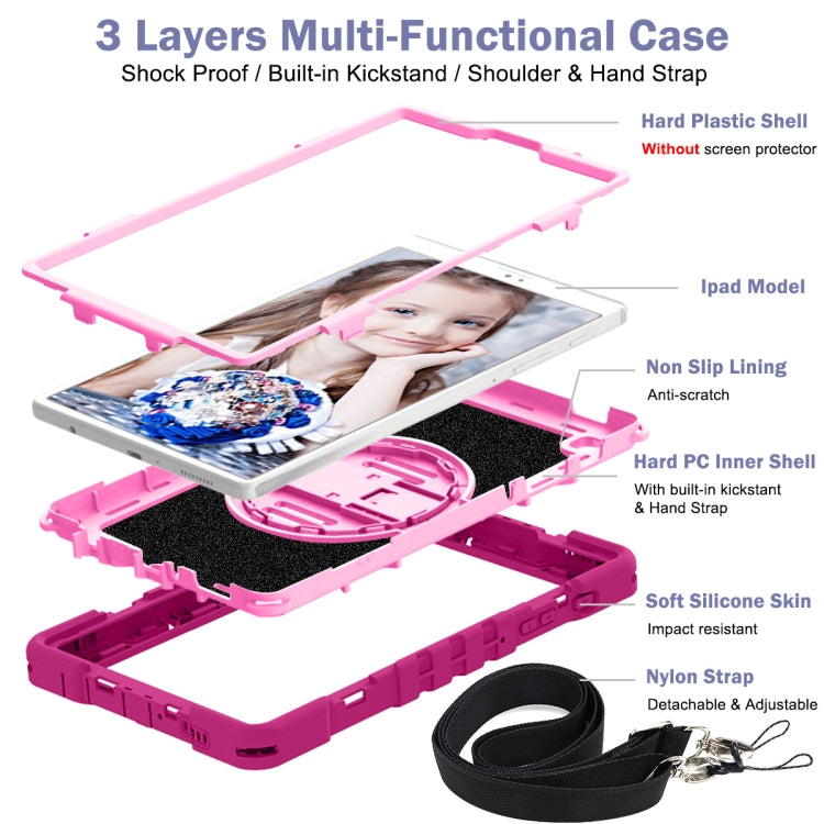 For Samsung Galaxy Tab A7 Lite T220 / T225 360 Degree Rotation Contrast Color Shockproof Silicone + PC Case with Holder & Hand Grip Strap & Shoulder Strap(Rose Red+Pink) - Tab A7 Lite T220 / T225 by buy2fix | Online Shopping UK | buy2fix