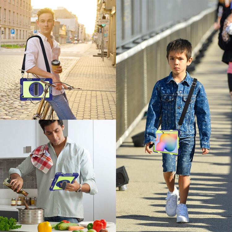 For Samsung Galaxy Tab S6 Lite P610/P615 360 Degree Rotation Contrast Color Shockproof Silicone + PC Case with Holder & Hand Grip Strap & Shoulder Strap(Navy+Yellow Green) by buy2fix
