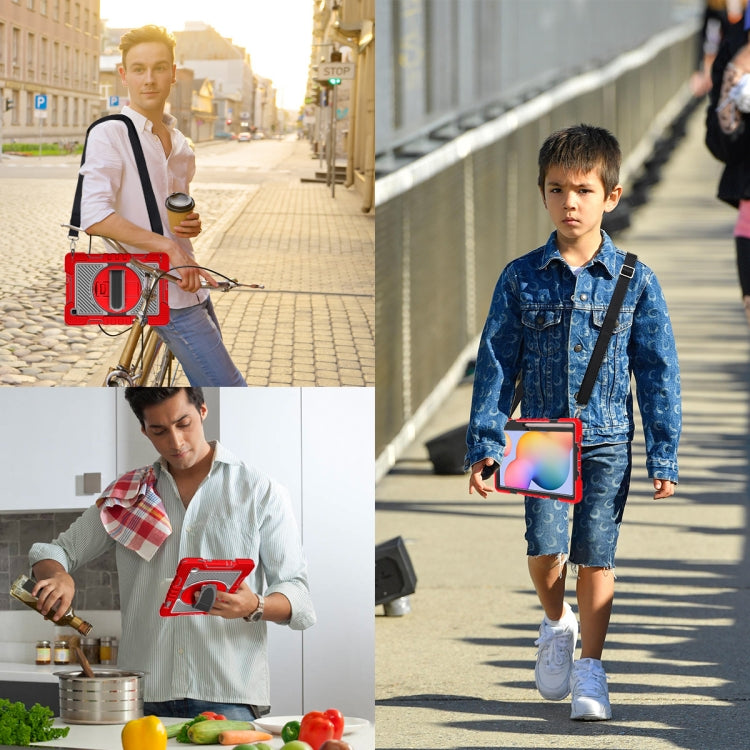 For Samsung Galaxy Tab S6 Lite P610/P615 360 Degree Rotation Contrast Color Shockproof Silicone + PC Case with Holder & Hand Grip Strap & Shoulder Strap(Red+Black) by buy2fix