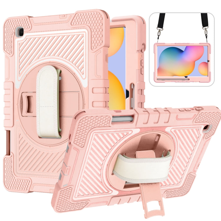 For Samsung Galaxy Tab S6 Lite P610/P615 360 Degree Rotation Contrast Color Shockproof Silicone + PC Case with Holder & Hand Grip Strap & Shoulder Strap(Rose Gold) - Tab S6 Lite P610 / P615 by buy2fix | Online Shopping UK | buy2fix
