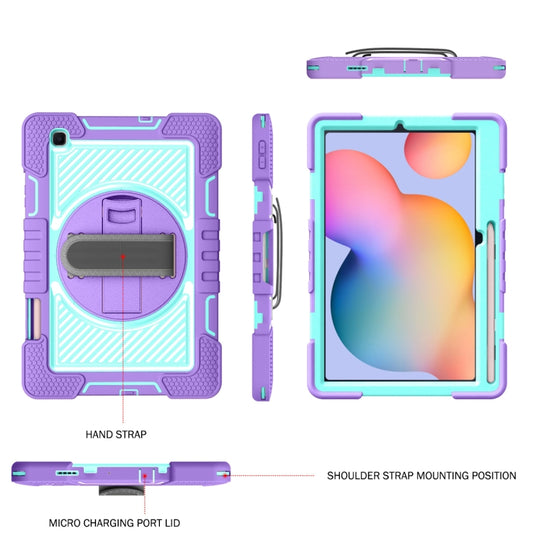 For Samsung Galaxy Tab S6 Lite P610/P615 360 Degree Rotation Contrast Color Shockproof Silicone + PC Case with Holder & Hand Grip Strap & Shoulder Strap(Purple + Mint Green) by buy2fix