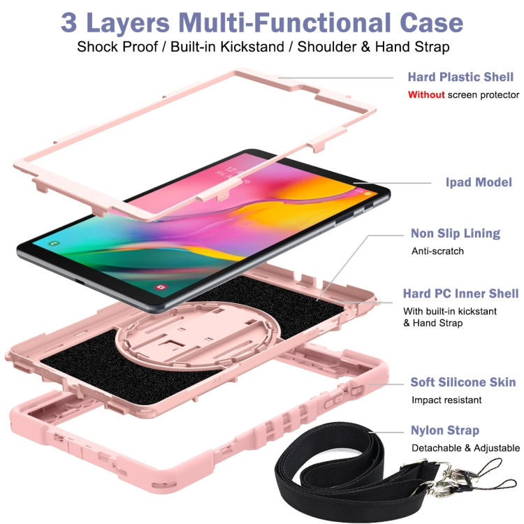 For Samsung Galaxy Tab A 10.1 2019 T515 360 Degree Rotation Contrast Color Shockproof Silicone + PC Case with Holder & Hand Grip Strap & Shoulder Strap(Rose Gold) - Tab A 10.1 (2019) T510 / T515 by buy2fix | Online Shopping UK | buy2fix