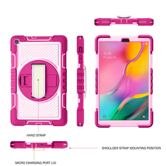 For Samsung Galaxy Tab A 10.1 2019 T515 360 Degree Rotation Contrast Color Shockproof Silicone + PC Case with Holder & Hand Grip Strap & Shoulder Strap(Rose Red+Pink) by buy2fix