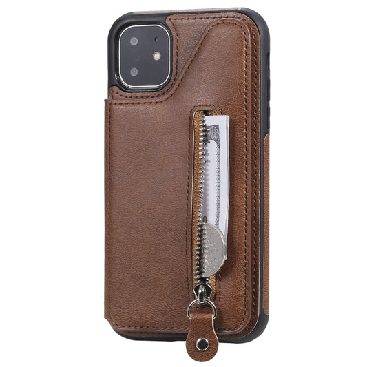 For iPhone 11 Solid Color Double Buckle Zipper Shockproof Protective Case(Brown) by buy2fix