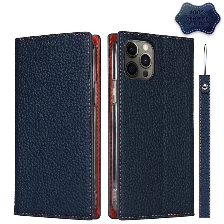 For iPhone 12 Pro Max Litchi Genuine Leather Phone Case(Dark Blue) - iPhone 12 Pro Max Cases by buy2fix | Online Shopping UK | buy2fix