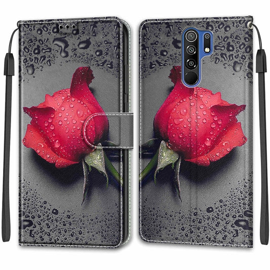 For Xiaomi Redmi 9 Voltage Coloured Drawing Magnetic Clasp Horizontal Flip PU Leather Case with Holder & Card Slots(C14 Black Water Drop Rose) by buy2fix