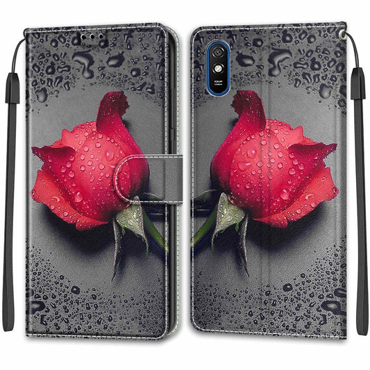 For Xiaomi Redmi 9A Voltage Coloured Drawing Magnetic Clasp Horizontal Flip PU Leather Case with Holder & Card Slots(C14 Black Water Drop Rose) by buy2fix