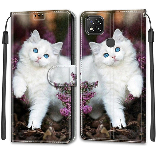 For Xiaomi Redmi 9C Voltage Coloured Drawing Magnetic Clasp Horizontal Flip PU Leather Case with Holder & Card Slots(C08 Flower Bush Big White Cat) by buy2fix
