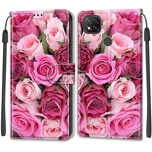 For Xiaomi Redmi 9C Voltage Coloured Drawing Magnetic Clasp Horizontal Flip PU Leather Case with Holder & Card Slots(C17 Green Leaf Pink Rose) by buy2fix