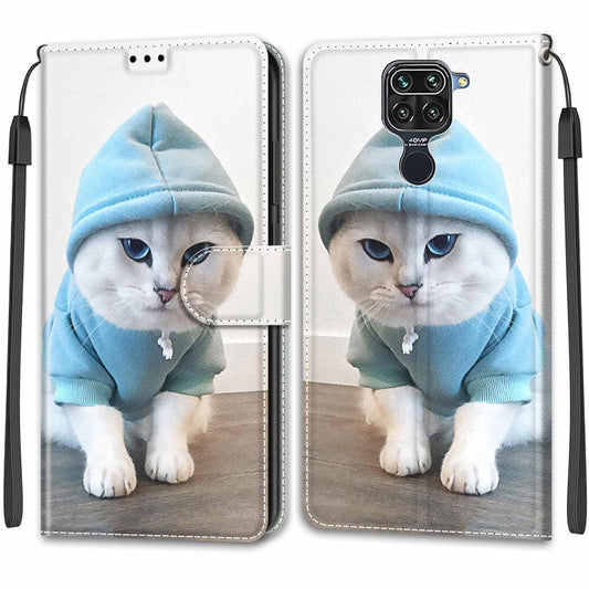 For Xiaomi Redmi Note 9/Redmi 10X 4G Voltage Coloured Drawing Magnetic Clasp Horizontal Flip PU Leather Case with Holder & Card Slots(C15 Blue Sweater White Cat) by buy2fix