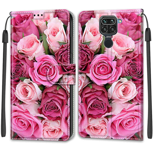 For Xiaomi Redmi Note 9/Redmi 10X 4G Voltage Coloured Drawing Magnetic Clasp Horizontal Flip PU Leather Case with Holder & Card Slots(C17 Green Leaf Pink Rose) by buy2fix