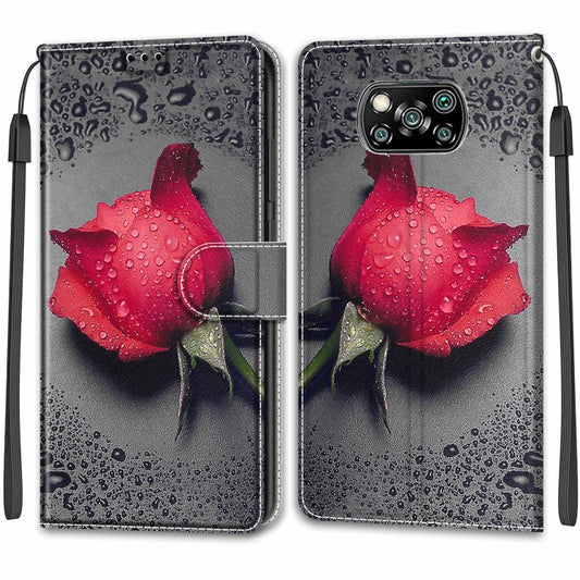 For Xiaomi Poco X3 NFC Voltage Coloured Drawing Magnetic Clasp Horizontal Flip PU Leather Case with Holder & Card Slots(C14 Black Water Drop Rose) by buy2fix