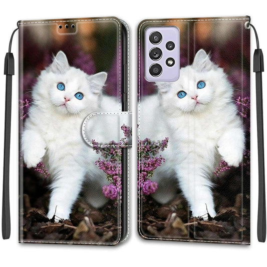 For Samsung Galaxy A52 5G Voltage Colored Drawing Magnetic Clasp Horizontal Flip PU Leather Case with Holder & Card Slots(C08 Flower Bush Big White Cat) by buy2fix