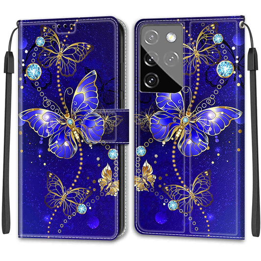 For Samsung Galaxy S21 Ultra 5G Voltage Colored Drawing Magnetic Clasp Horizontal Flip PU Leather Case with Holder & Card Slots(C11 Blue Golden Chain Butterflies) by buy2fix
