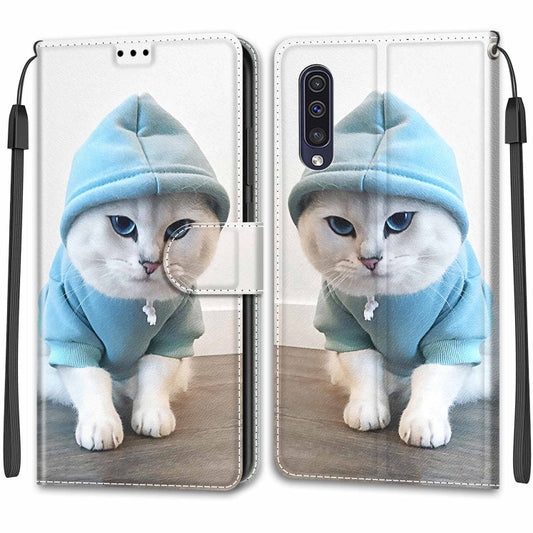 For Samsung Galaxy A50 Voltage Colored Drawing Magnetic Clasp Horizontal Flip PU Leather Case with Holder & Card Slots(C15 Blue Sweater White Cat) by buy2fix