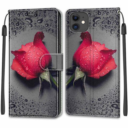 For iPhone 11 Voltage Colored Drawing Magnetic Clasp Horizontal Flip PU Leather Case with Holder & Card Slots (C14 Black Water Drop Rose) by buy2fix