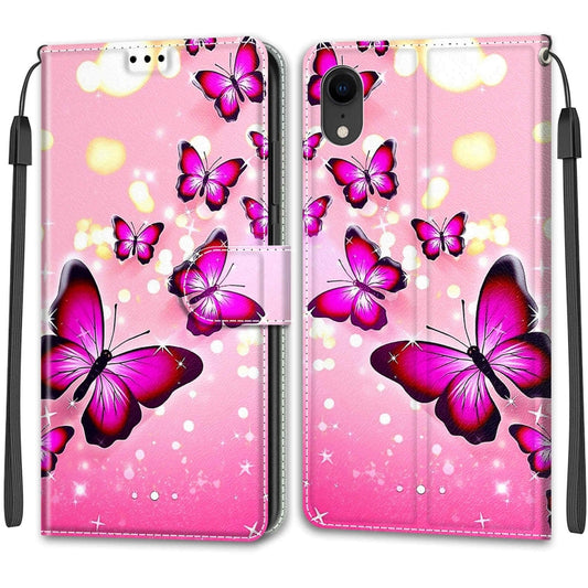 For iPhone XR Voltage Colored Drawing Magnetic Clasp Horizontal Flip PU Leather Case with Holder & Card Slots(C03 Gradient Pink Flying Butterflies) by buy2fix