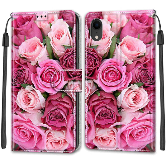 For iPhone XR Voltage Colored Drawing Magnetic Clasp Horizontal Flip PU Leather Case with Holder & Card Slots(C17 Green Leaf Pink Rose) by buy2fix