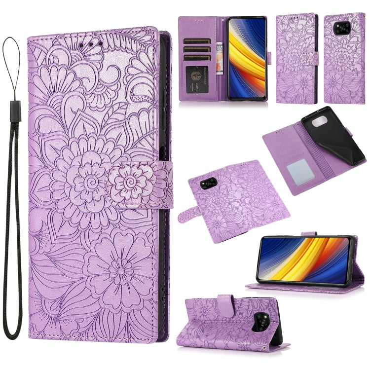 For Xiaomi POCO X3 NFC / X3 Pro / X3 Skin Feel Embossed Sunflower Horizontal Flip Leather Case with Holder & Card Slots & Wallet & Lanyard(Purple) - Xiaomi Cases by buy2fix | Online Shopping UK | buy2fix