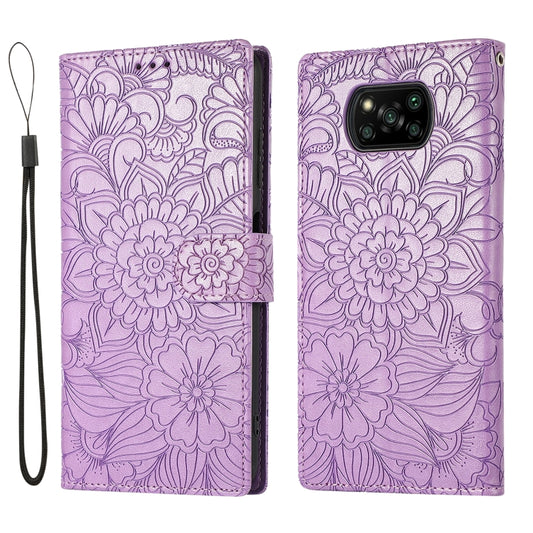 For Xiaomi POCO X3 NFC / X3 Pro / X3 Skin Feel Embossed Sunflower Horizontal Flip Leather Case with Holder & Card Slots & Wallet & Lanyard(Purple) by buy2fix