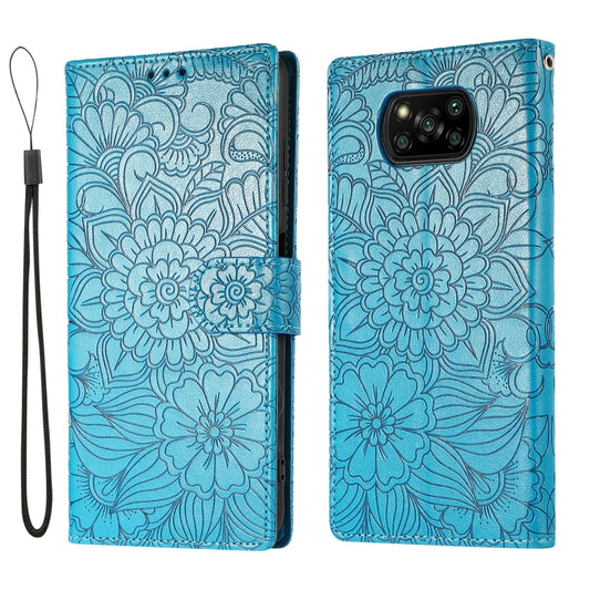 For Xiaomi POCO X3 NFC / X3 Pro / X3 Skin Feel Embossed Sunflower Horizontal Flip Leather Case with Holder & Card Slots & Wallet & Lanyard(Blue) by buy2fix
