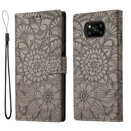 For Xiaomi POCO X3 NFC / X3 Pro / X3 Skin Feel Embossed Sunflower Horizontal Flip Leather Case with Holder & Card Slots & Wallet & Lanyard(Grey) by buy2fix