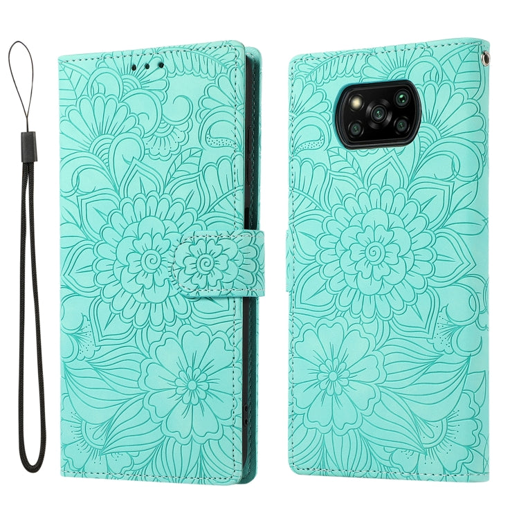 For Xiaomi POCO X3 NFC / X3 Pro / X3 Skin Feel Embossed Sunflower Horizontal Flip Leather Case with Holder & Card Slots & Wallet & Lanyard(Green) - Xiaomi Cases by buy2fix | Online Shopping UK | buy2fix