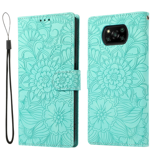 For Xiaomi POCO X3 NFC / X3 Pro / X3 Skin Feel Embossed Sunflower Horizontal Flip Leather Case with Holder & Card Slots & Wallet & Lanyard(Green) by buy2fix