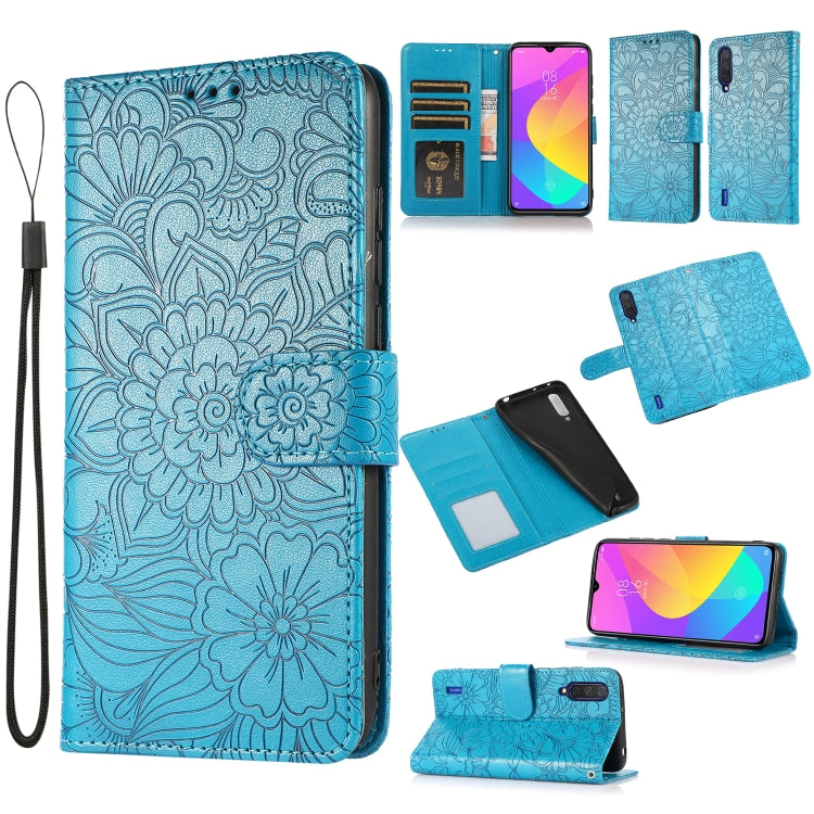 For Xiaomi Mi CC9 Skin Feel Embossed Sunflower Horizontal Flip Leather Case with Holder & Card Slots & Wallet & Lanyard(Blue) - Xiaomi Cases by buy2fix | Online Shopping UK | buy2fix