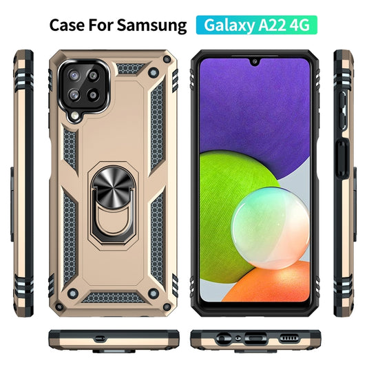 For Samsung Galaxy A22 4G Shockproof TPU + PC Protective Case with 360 Degree Rotating Holder(Gold) by buy2fix
