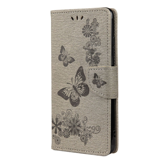 For Samsung Galaxy A22 5G Vintage Embossed Floral Butterfly Pattern Horizontal Flip Leather Case with Card Slot & Holder & Wallet & Lanyard(Grey) by buy2fix