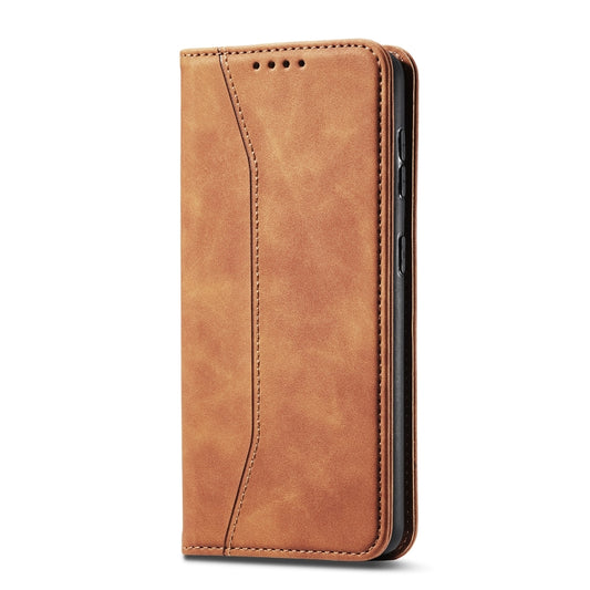 For Xiaomi Poco X3 NFC Skin-feel Calfskin Texture Magnetic Dual-Fold Horizontal Flip Leather Case with Holder & Card Slots & Wallet(Brown) by buy2fix
