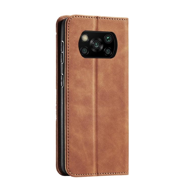 For Xiaomi Poco X3 NFC Skin-feel Calfskin Texture Magnetic Dual-Fold Horizontal Flip Leather Case with Holder & Card Slots & Wallet(Brown) - Xiaomi Cases by buy2fix | Online Shopping UK | buy2fix
