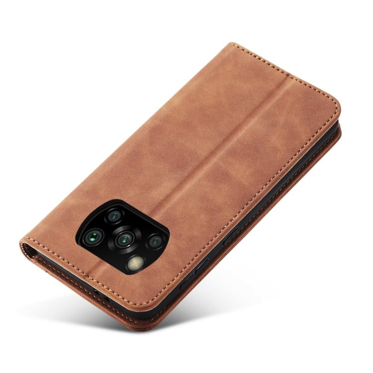For Xiaomi Poco X3 NFC Skin-feel Calfskin Texture Magnetic Dual-Fold Horizontal Flip Leather Case with Holder & Card Slots & Wallet(Brown) - Xiaomi Cases by buy2fix | Online Shopping UK | buy2fix