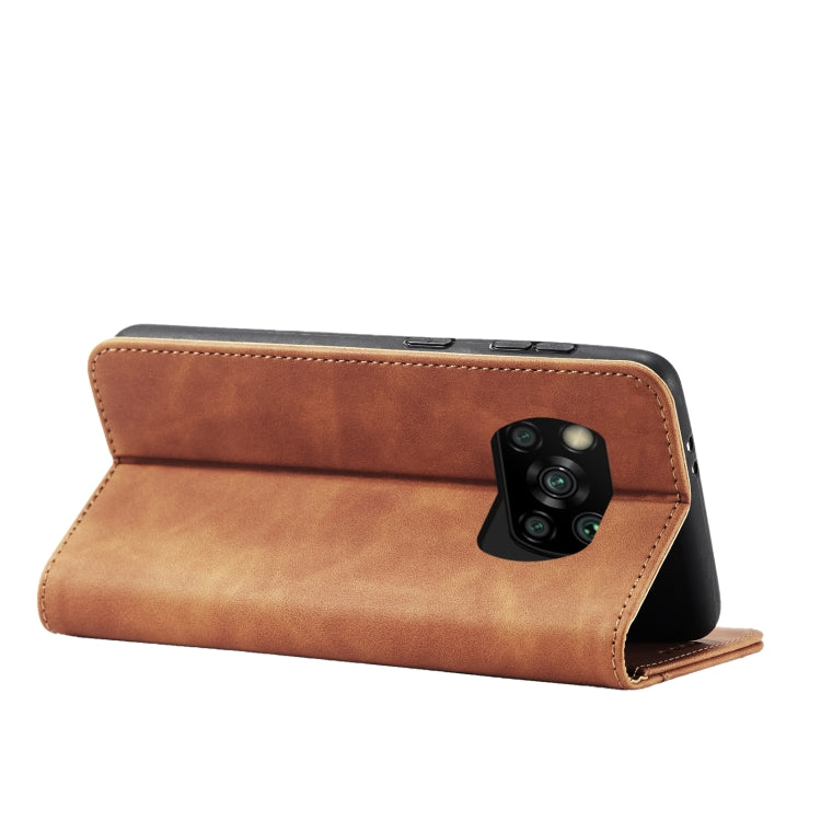 For Xiaomi Poco X3 NFC Skin-feel Calfskin Texture Magnetic Dual-Fold Horizontal Flip Leather Case with Holder & Card Slots & Wallet(Brown) - Xiaomi Cases by buy2fix | Online Shopping UK | buy2fix