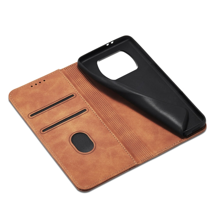 For Xiaomi Poco X3 NFC Skin-feel Calfskin Texture Magnetic Dual-Fold Horizontal Flip Leather Case with Holder & Card Slots & Wallet(Brown) - Xiaomi Cases by buy2fix | Online Shopping UK | buy2fix