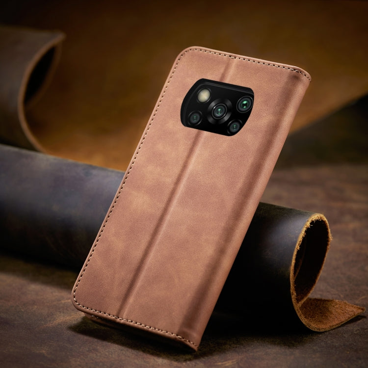 For Xiaomi Poco X3 NFC Skin-feel Calfskin Texture Magnetic Dual-Fold Horizontal Flip Leather Case with Holder & Card Slots & Wallet(Brown) - Xiaomi Cases by buy2fix | Online Shopping UK | buy2fix