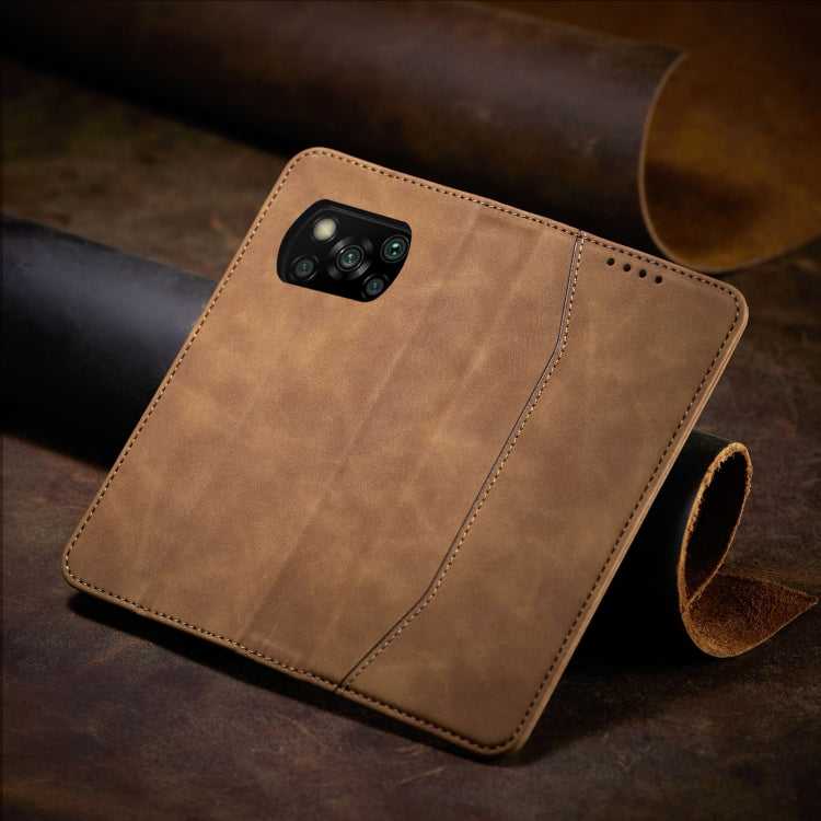 For Xiaomi Poco X3 NFC Skin-feel Calfskin Texture Magnetic Dual-Fold Horizontal Flip Leather Case with Holder & Card Slots & Wallet(Brown) - Xiaomi Cases by buy2fix | Online Shopping UK | buy2fix