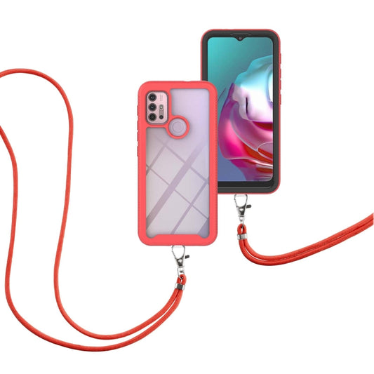For Motorola Moto E7 Power Starry Sky Solid Color Series Shockproof PC + TPU Protective Case with Neck Strap(Red) by buy2fix