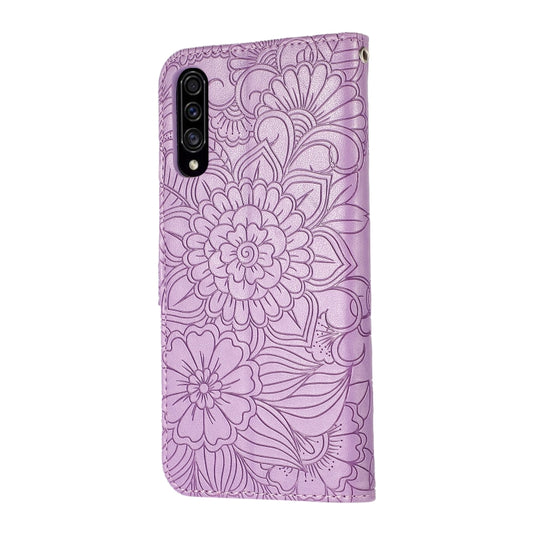For Samsung Galaxy A30s Skin Feel Embossed Sunflower Horizontal Flip Leather Case with Holder & Card Slots & Wallet & Lanyard(Purple) by buy2fix