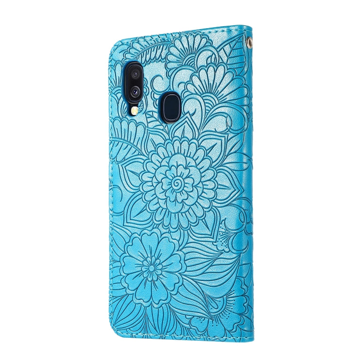 For Samsung Galaxy A40 Skin Feel Embossed Sunflower Horizontal Flip Leather Case with Holder & Card Slots & Wallet & Lanyard(Blue) - Galaxy Phone Cases by buy2fix | Online Shopping UK | buy2fix