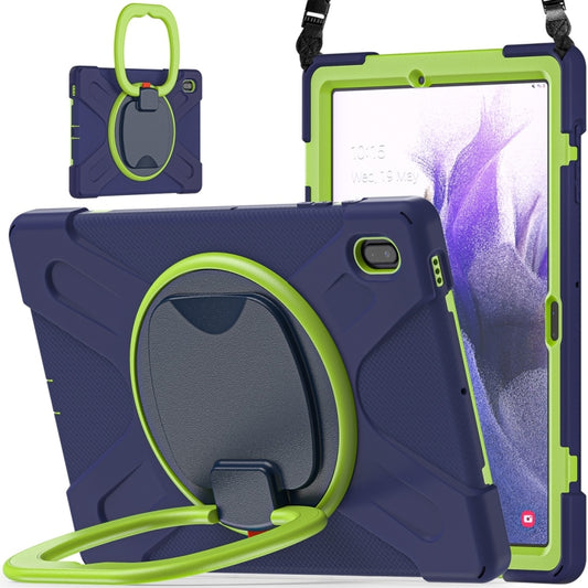 For Samsung Galaxy Tab S7 FE T730 Silicone + PC Protective Case with Holder & Shoulder Strap(Navy Blue + Lime) by buy2fix