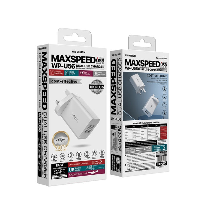 WK WP-U56 2A Dual USB Fast Charging Travel Charger Power Adapter, UK Plug by WK