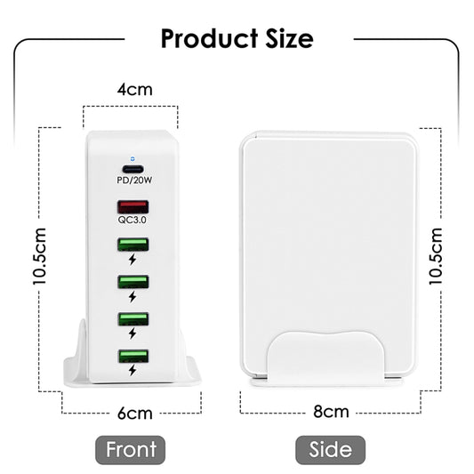 6 in 1 65W PD USB-C / Type-C + QC 3.0 USB + 4 USB Multi-port Travel Charger, EU Plug(White) by buy2fix